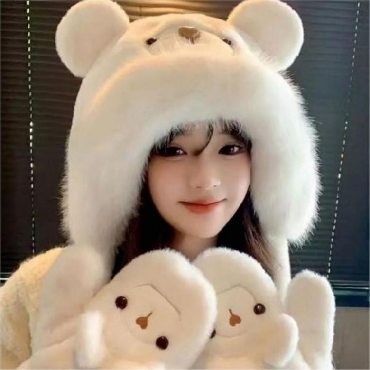 곰돌이 여성 겨울 장갑세트 3컬러 털모자 방한 귀달이