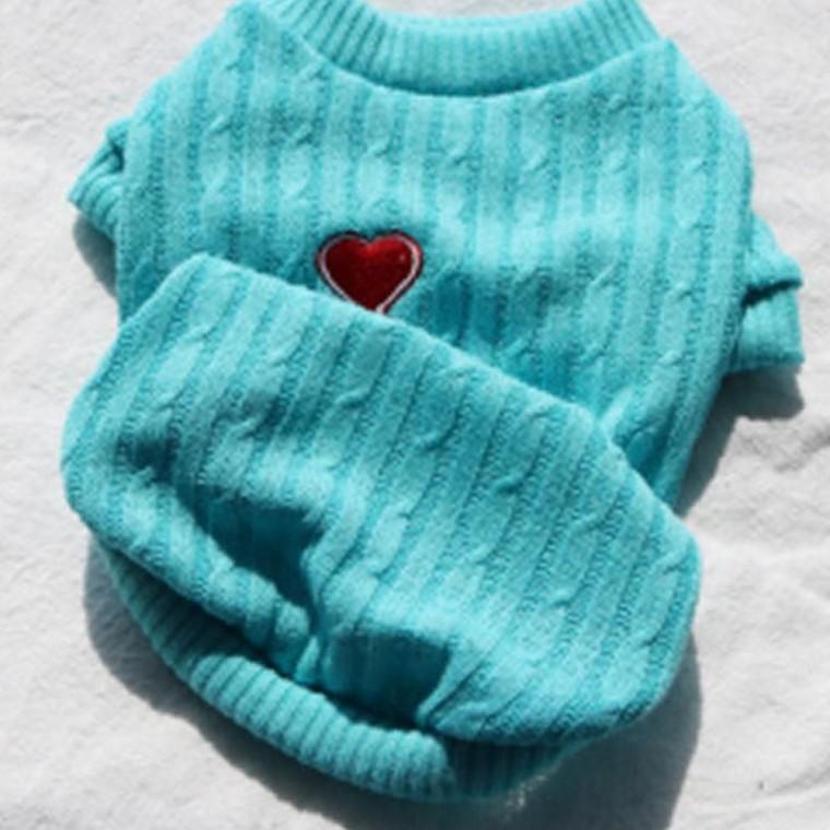 강아지 하트 파워 꽈배기 니트 반팔티 블루 1P 겨울 보온