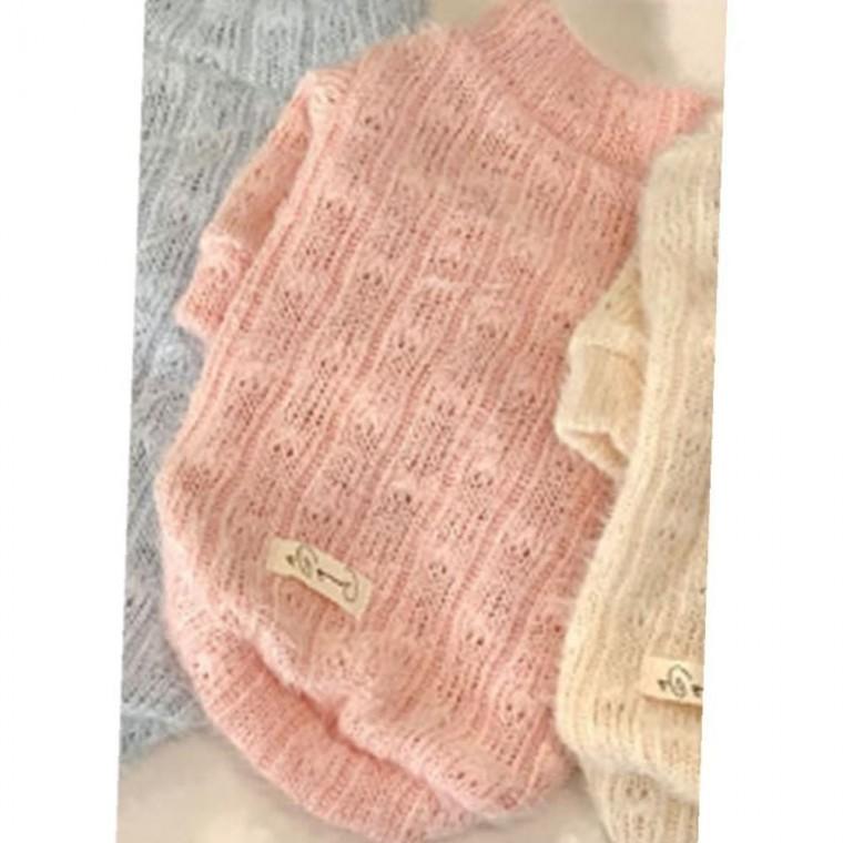 강아지 컬러 모던 단추 니트 반팔티 핑크 1P 겨울 티셔츠