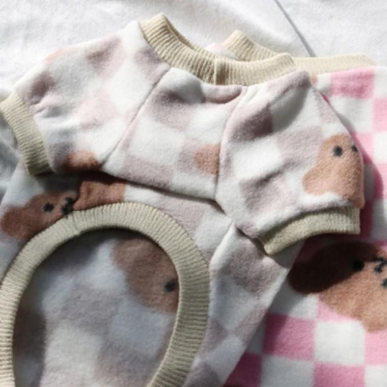 강아지 체크 프리미엄 곰돌이 반팔티 베이지 1P 겨울 티셔츠