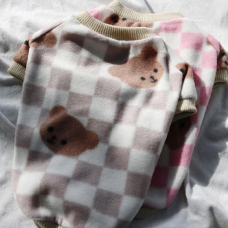 강아지 체크 스페셜 곰돌이 반팔티 핑크 1P 겨울 티셔츠 보온