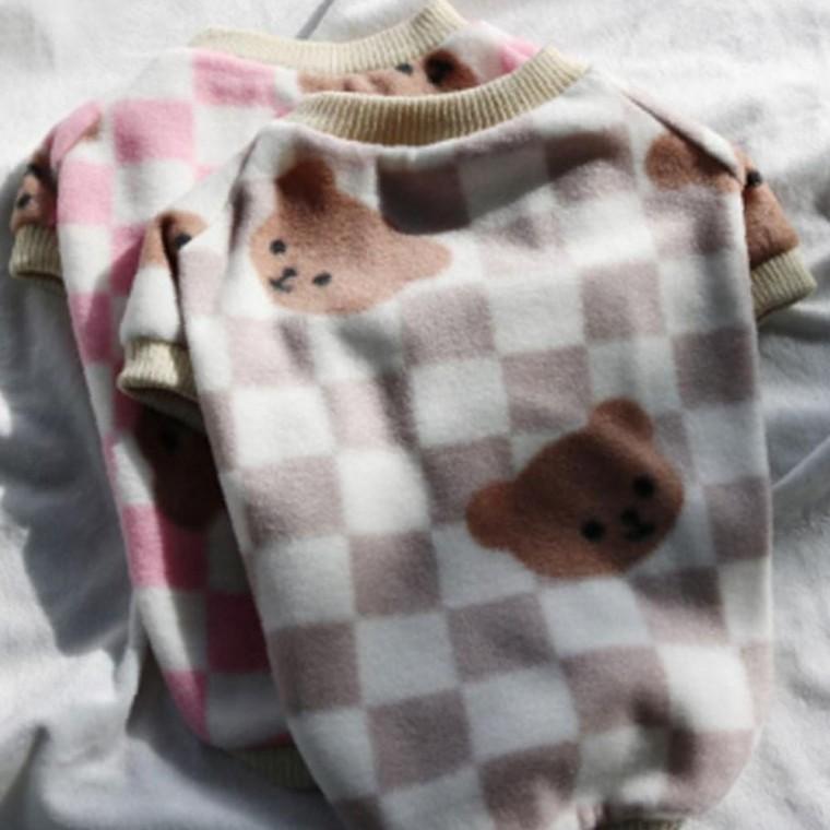 강아지 체크 마스터 곰돌이 반팔티 핑크 2XL 1P 겨울 티셔츠