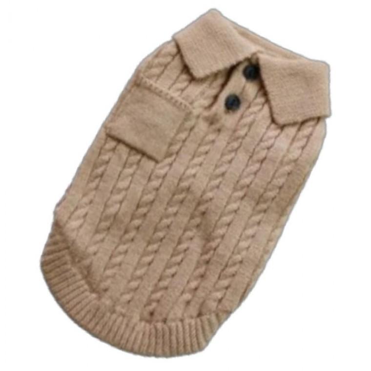 강아지 꽈배기 실속형 짜임 단추 니트티 베이지 1P 겨울 보온