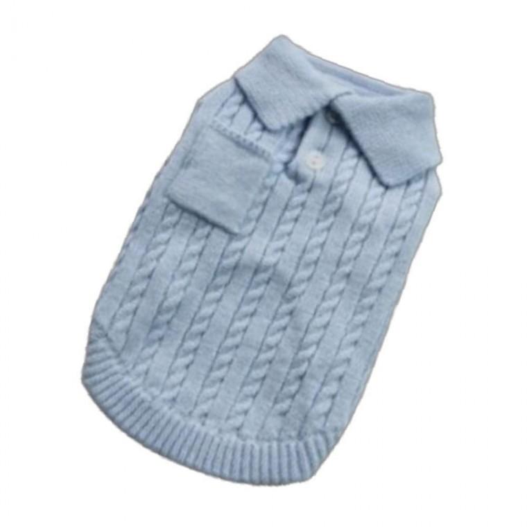 강아지 꽈배기 고내구 짜임 단추 니트티 블루 1P 겨울 보온