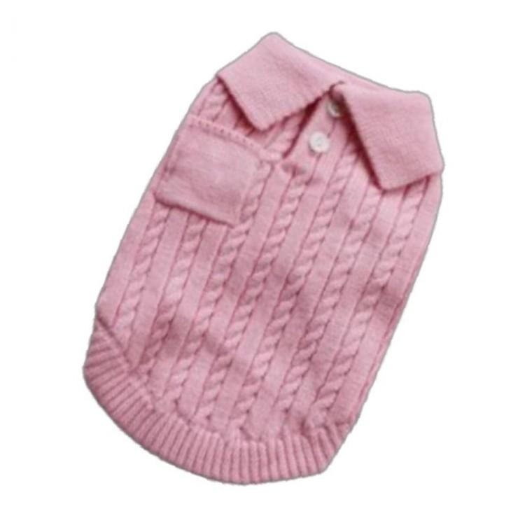 강아지 꽈배기 짜임 단추 니트티 핑크 1P 겨울 보온