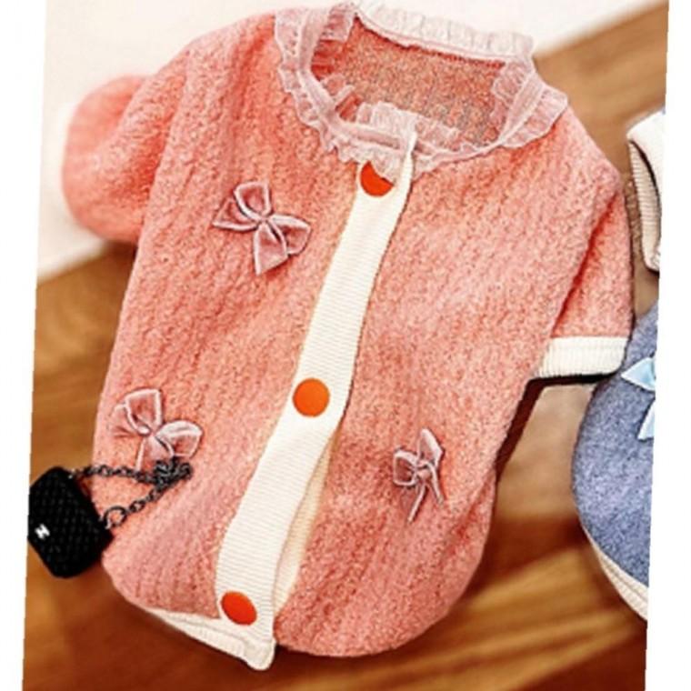 강아지 레이스 케어 리본 똑딱이 가디건 핑크 1P 겨울 보온