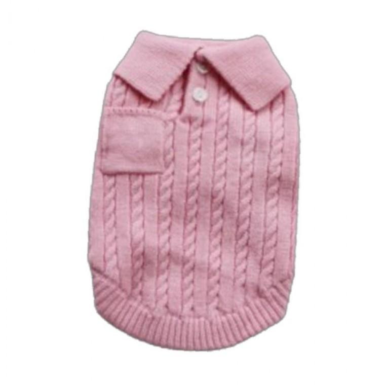 강아지 꽈배기 클래식 짜임 단추 니트티 핑크 2XL 1P 겨울