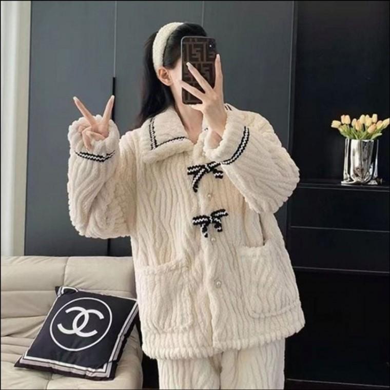 극세사 여자 겨울 러블리 파마자 홈웨어 수면잠옷