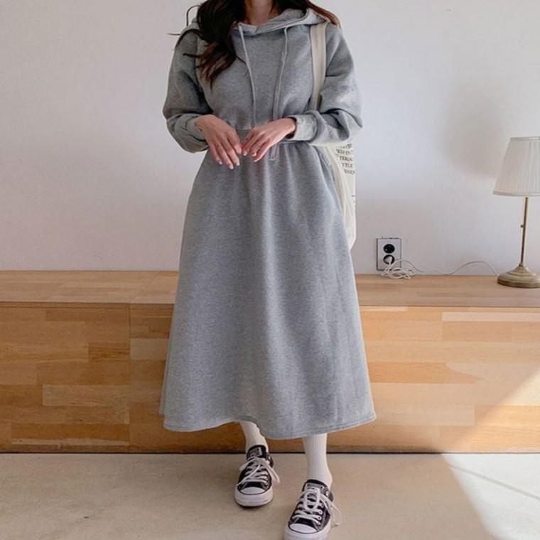 가을 여자 허리밴딩 면 후드원피스 겨울 롱 A라인