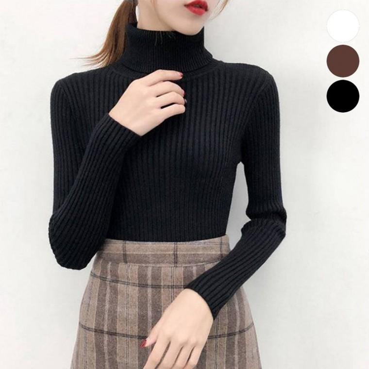 이너 골지 폴라 하이넥 겨울 긴팔 니트 풀오버 슬림