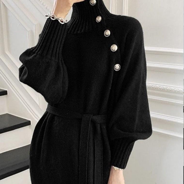 원피스 터틀렉 겨울 목폴라 여성 롱 블랙 니트 가을 니트원피스