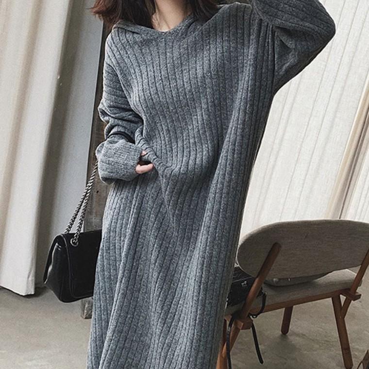 니트 가을 봄 원피스 롱 후드 그레이 골지 여성 겨울 니트원피스