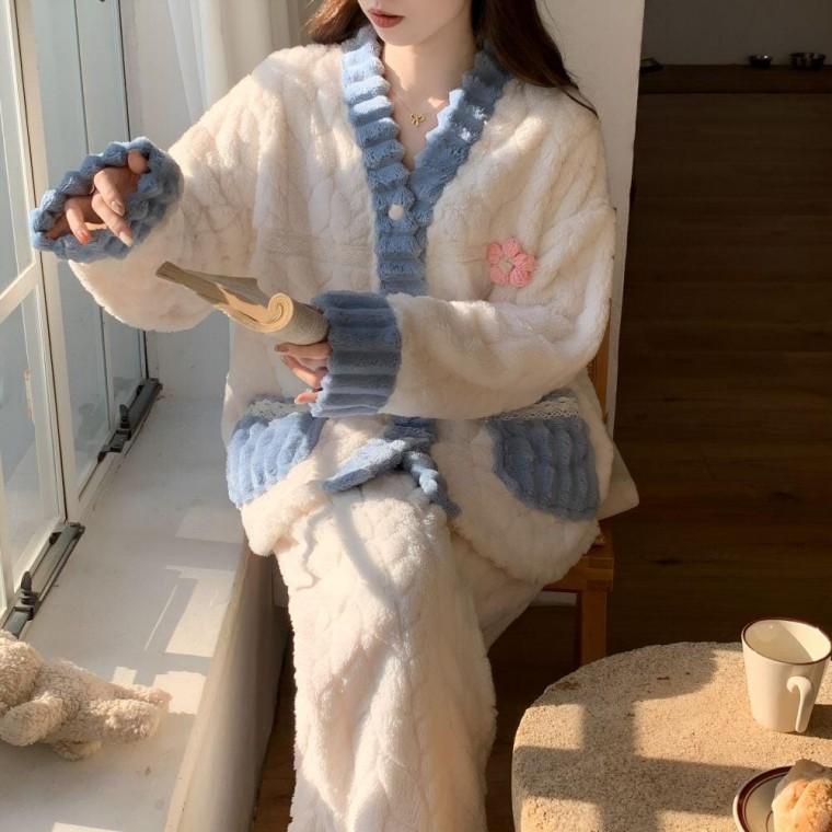 고급 잠옷세트 여성 겨울 수면잠옷 수면바지 홈웨어