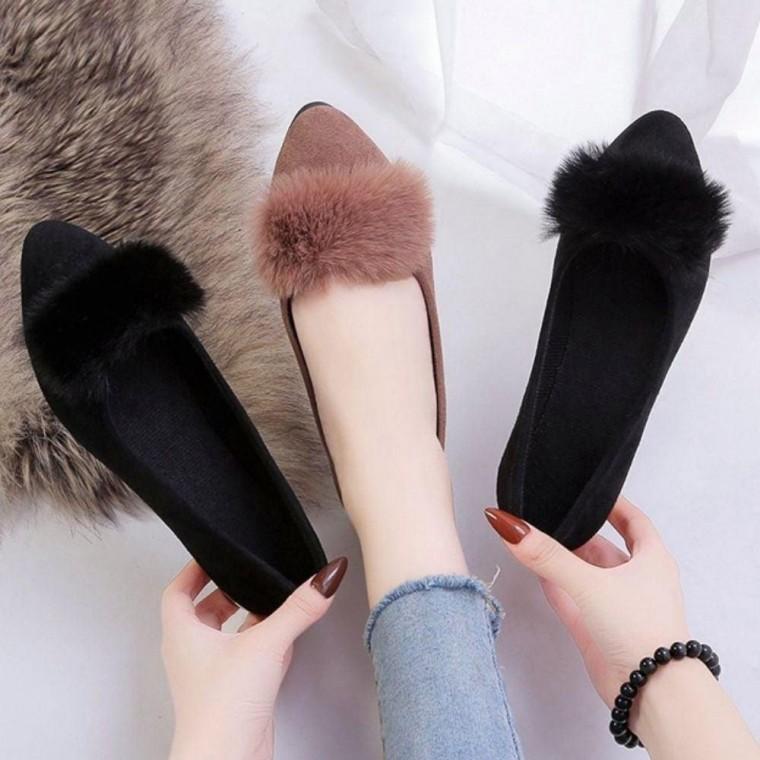 여성 겨울 스웨이드 털포인트 플랫슈즈 낮은굽 정장구두