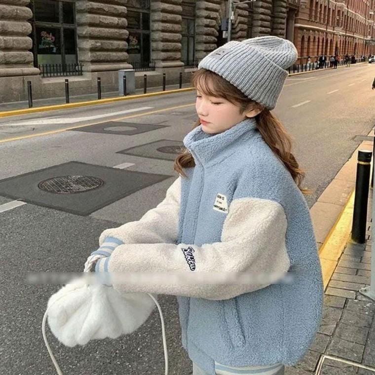 여성 배색 뽀글이집업 인조양털 후리스점퍼 겨울 아우터 3색