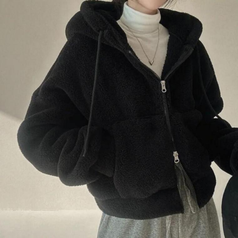 여성 겨울 양털 퍼 세미 크롭 후리스 후드 집업 아우터