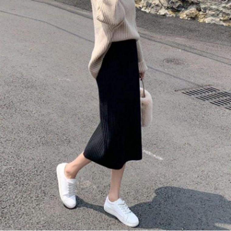 여성 겨울 슬림핏 니트 스웨터 밴딩 롱 스커트 치마
