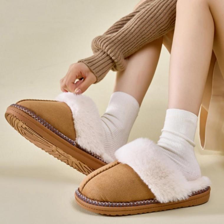 퍼슬리퍼 실내화 윈터 여성 트렌디 포근한 겨울 실외화 배색 퍼안감 스티치