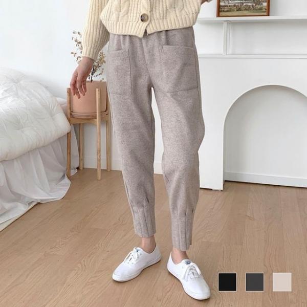 오데트 모직 밑단주름 배기 팬츠