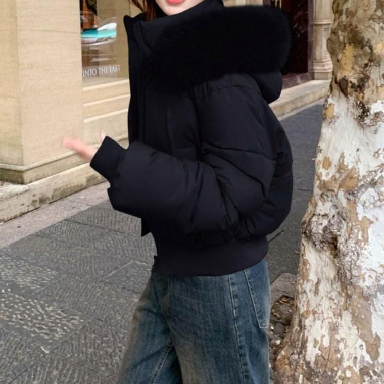 여성 퍼트리밍 후드 크롭기장 숏패딩 겨울 패딩점퍼 2색