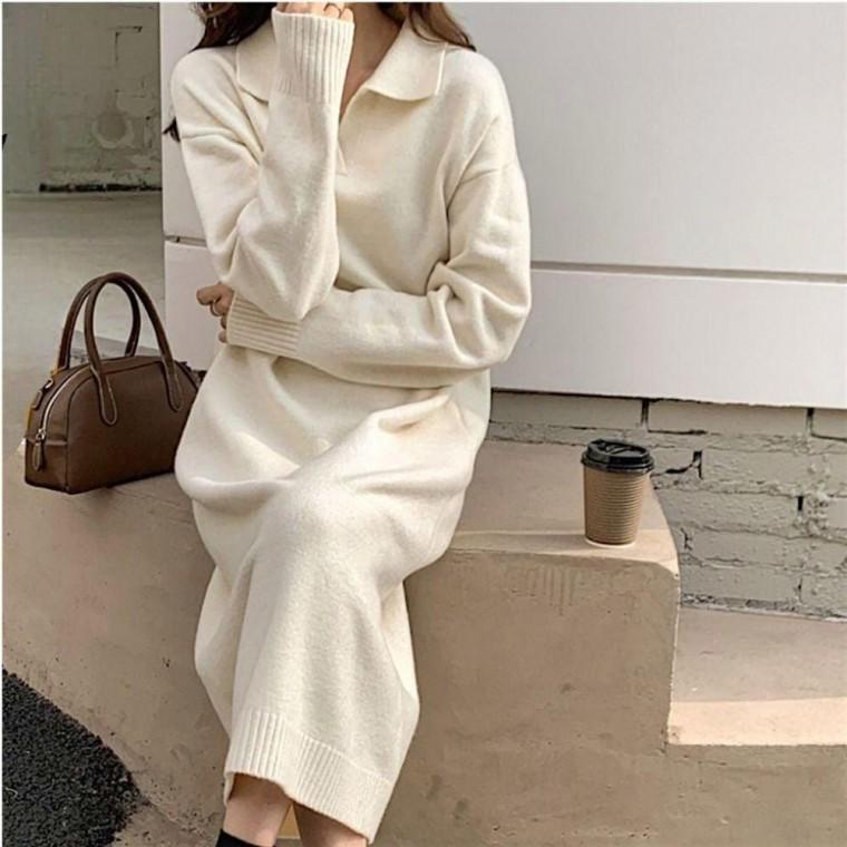 여성 카라니트 루즈핏 롱원피스 체형커버 겨울 이너 2색