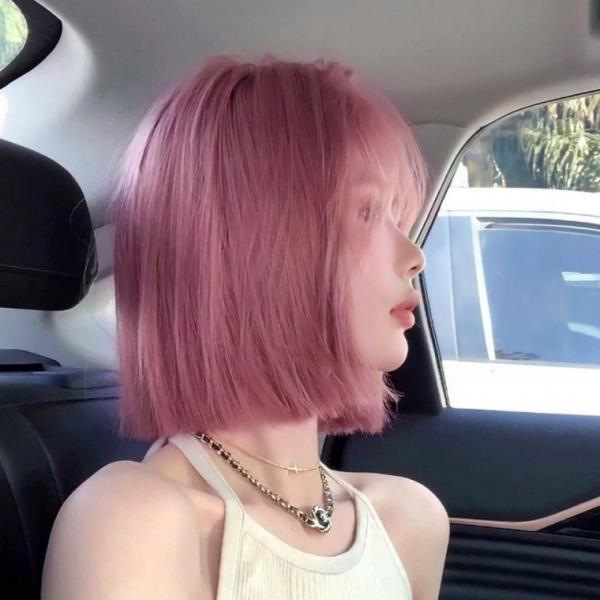 핑크 색상 앞머리 여자 뱅 짧은 가발 단발 머리