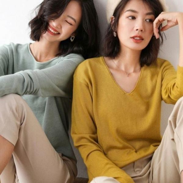 여성 베이직 무지 v넥 니트 스웨터 봄 가을 티셔츠 8색