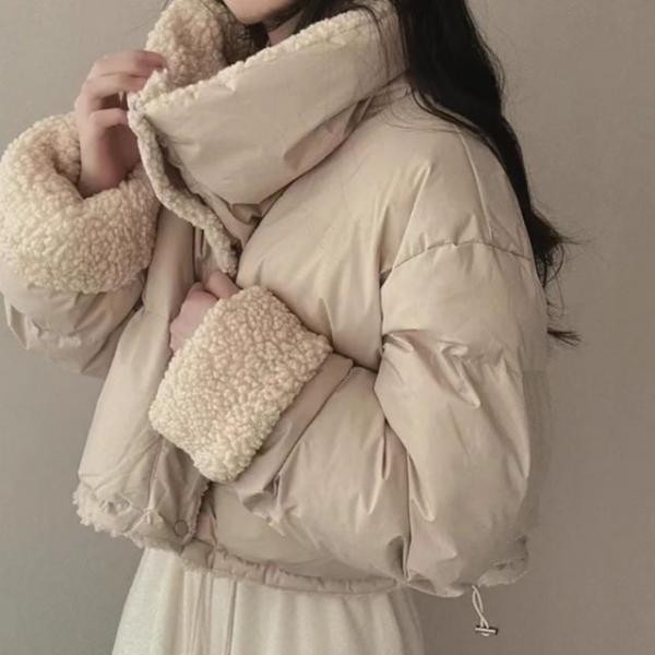리버서블 양털배색 하이넥 숏패딩 겨울 데일리