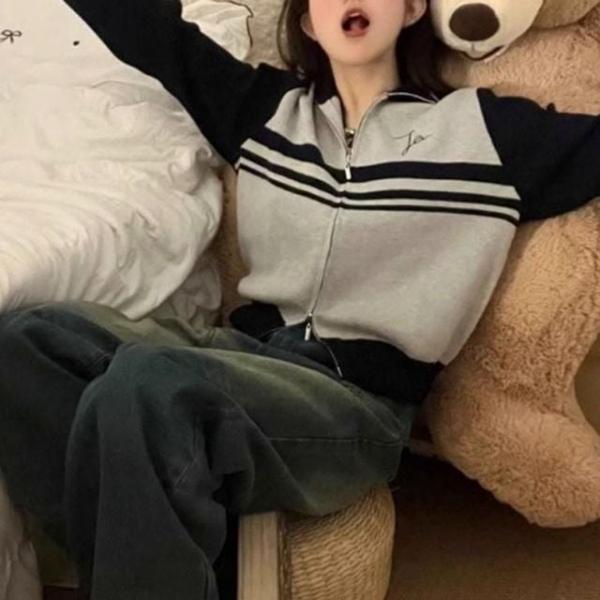 여성 카라니트 투웨이 지퍼 집업 스포티 가디건 아우터