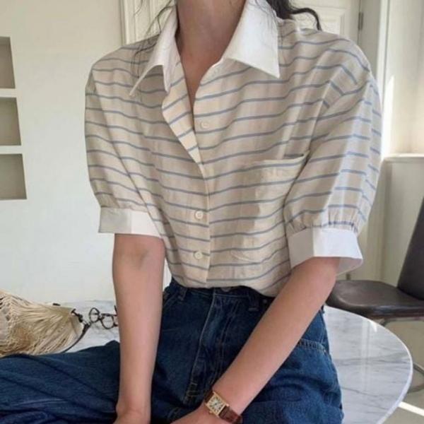 여성 여름 카라반팔티 스트라이프 퍼프소매 티셔츠