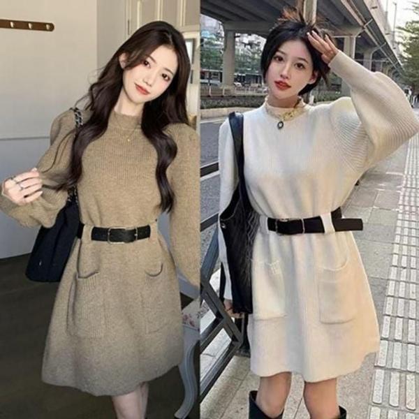여성 하프넥 러블리 미니 포켓 니트 스웨터 슬림 원피스
