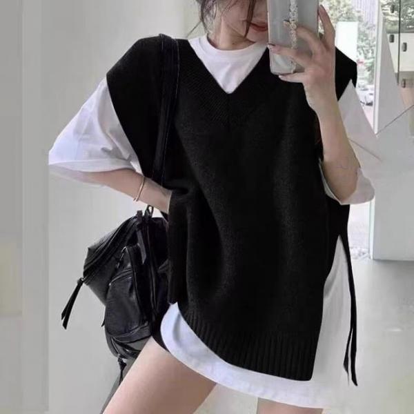 여성 브이넥 니트베스트 스트링 레이어드 데일리룩