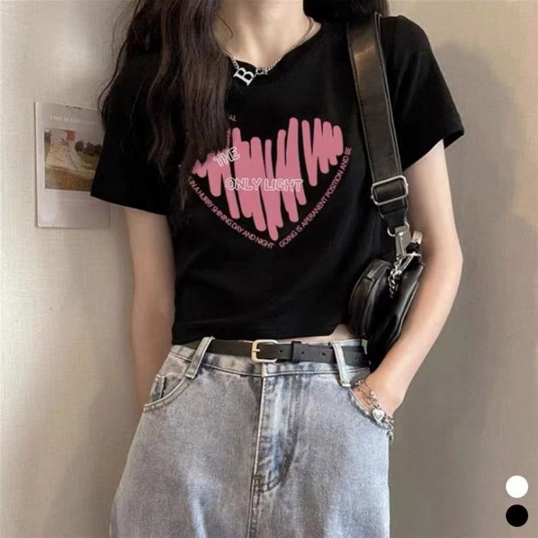 티셔츠 하트 프린팅 크롭