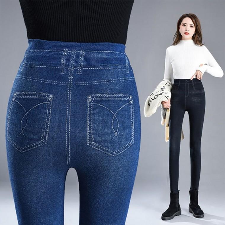 페이크 데님 레깅스 여성 블루 블랙