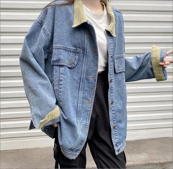 여성 배색 카라 청자켓 연청 데님 루즈핏 데일리