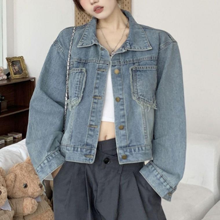 여성 크롭 청자켓 데님 자켓 포켓 청자켓 루즈핏