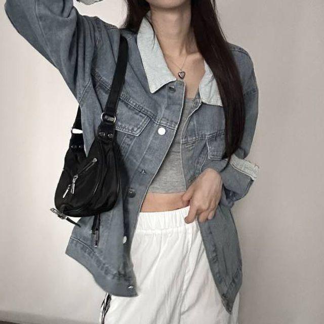 여성 박스핏 청자켓 배색 코듀로이 카라 청 데님 자켓