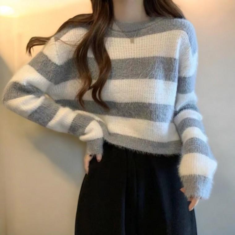 단가라 크롭 니트 라운드넥 데일리 크롭니트