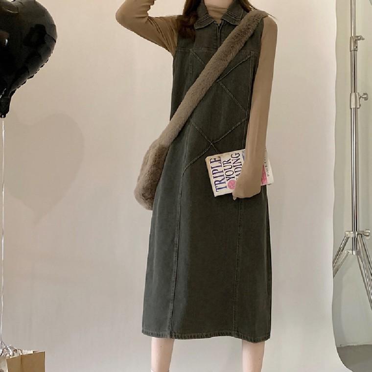 여성 데님 민소매 빈티지 카라 원피스