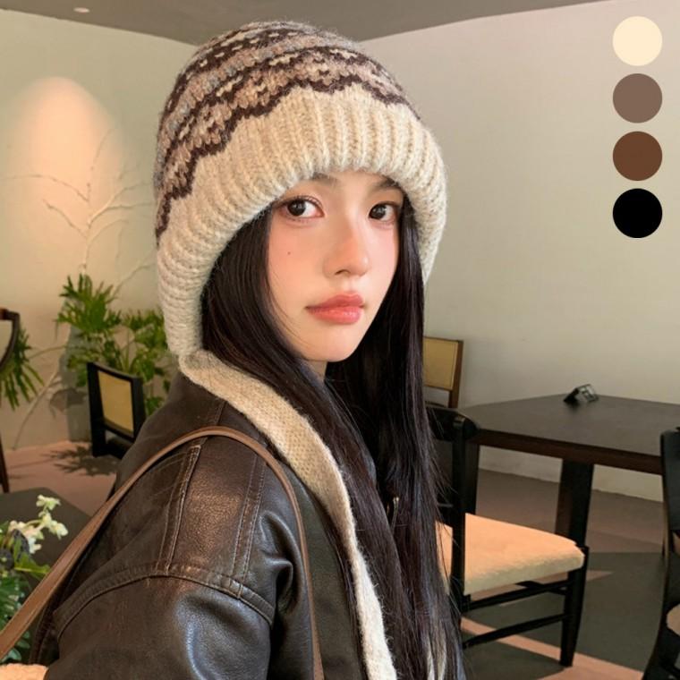여성 겨울 패턴 보닛햇 끈달린 모자 니트 비니