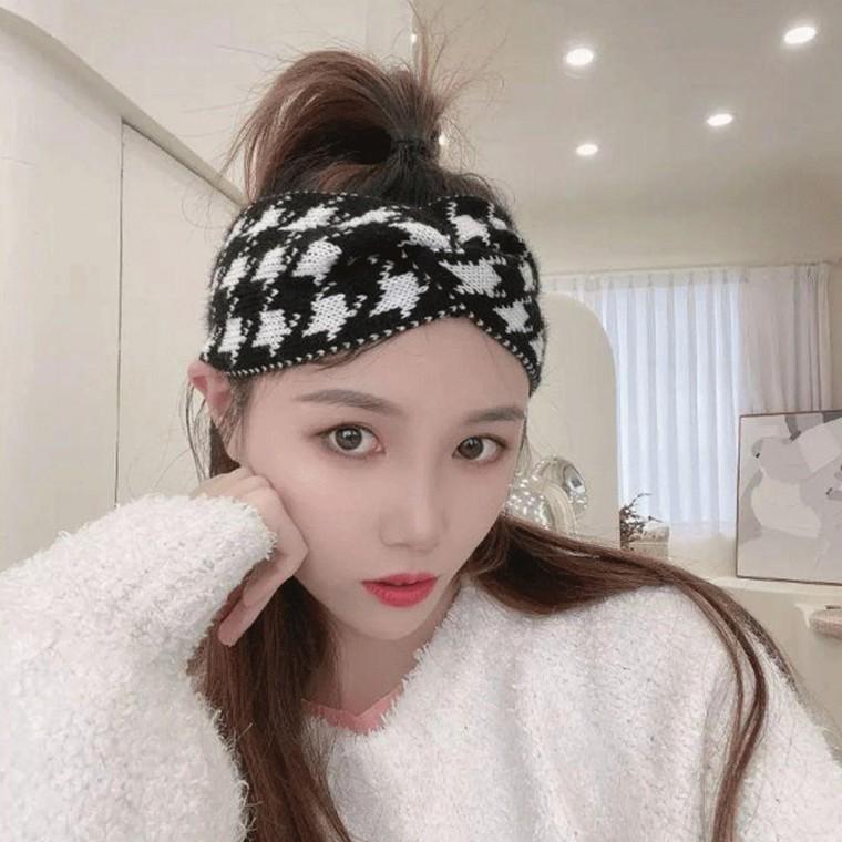 여성 하운드 체크 와이드 헤어 밴드 반다나