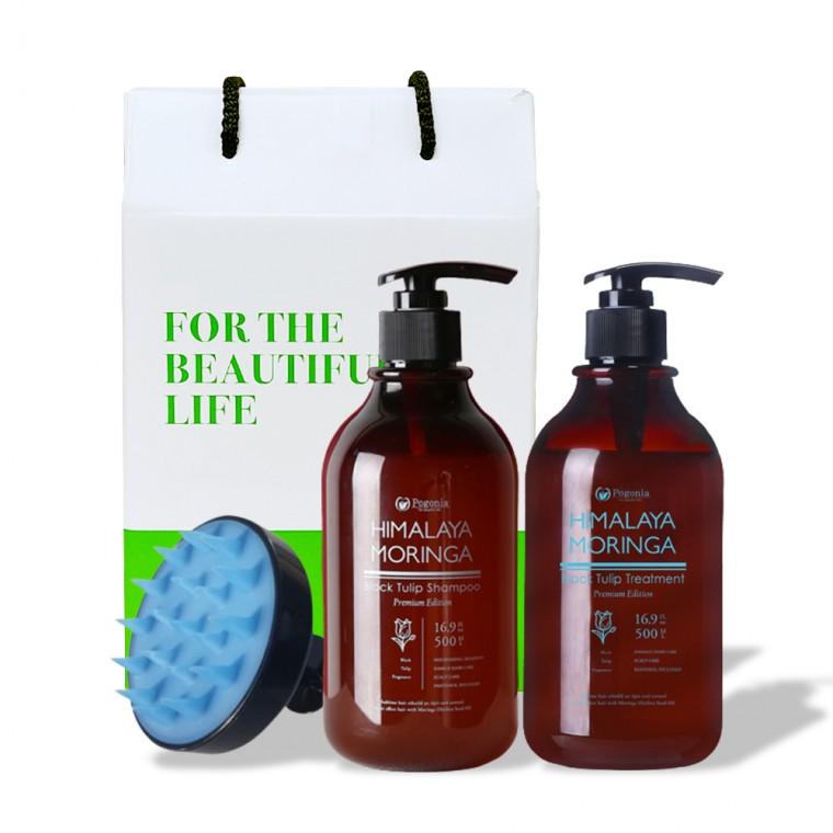 모링가 블랙 튤립 샴푸 500ml+트리트먼트500ml+두피 폼 브러쉬 3종 헤어 선물세트