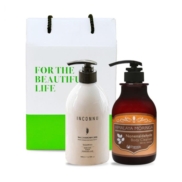 인칸누 맥주 효모 샴푸500ml + 포고니아 노넨알데하이드 바디클렌져 500ml1개 2종 헤어 바디 선물세트