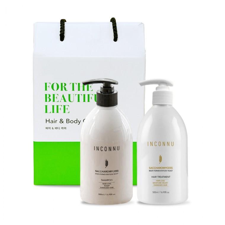 인칸누 맥주효모 샴푸 500ml 1개+트리트먼트 500ml 1개 헤어선물세트