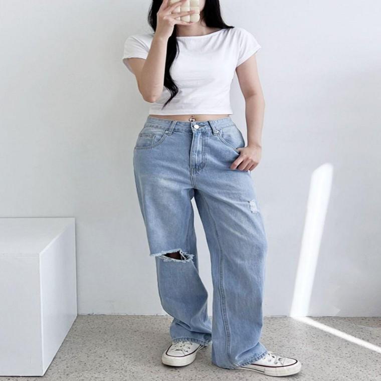 여성 2컬러 빅사이즈 와이드핏 찢청 데님팬츠 청바지