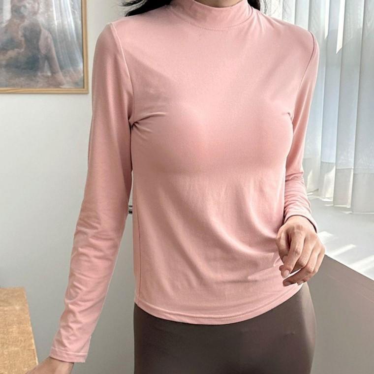 베이직 여성 노브라 패드 내장형 폴라넥 티셔츠