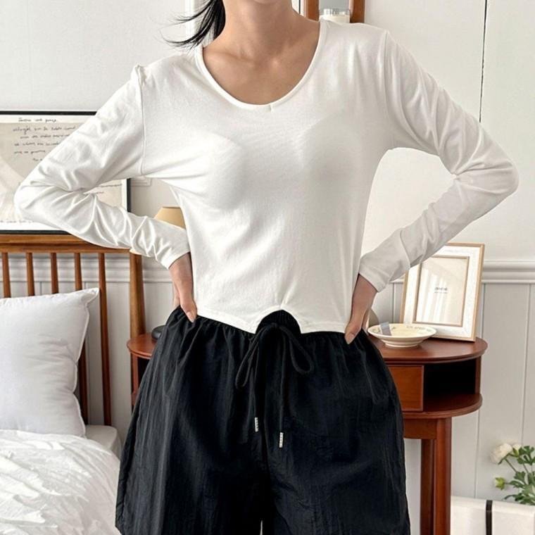 캐주얼 데일리 여성 피치스킨 크롭 스쿱넥 티셔츠
