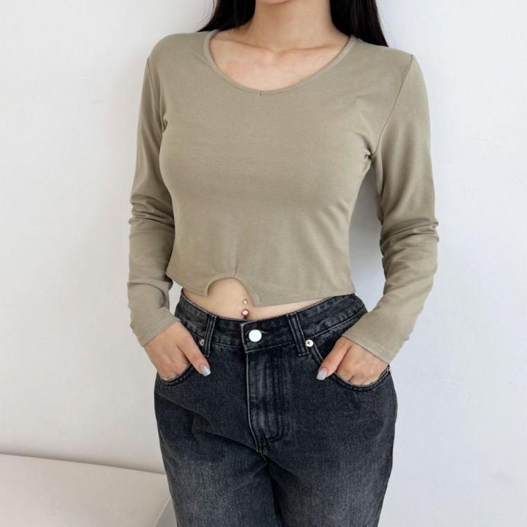 여성 4컬러 라이크 텐션 스쿱넥 크롭 데일리 티셔츠