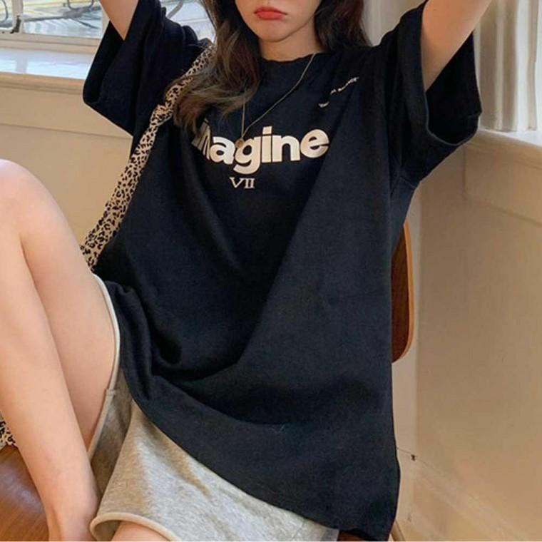 여자 편한 홈웨어 이지 룩 레터링 오버핏 반팔 티셔츠