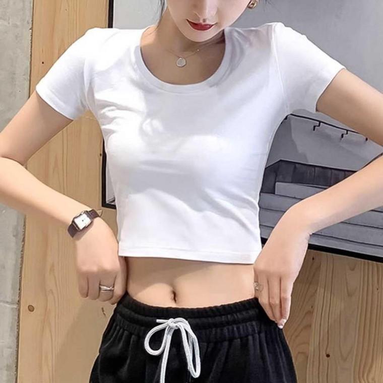 여자 여름 무지 반팔 크롭 탑 배꼽 티셔츠 라운드 넥